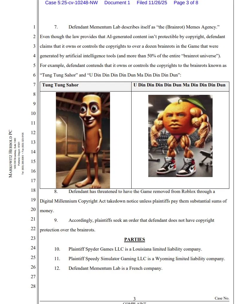 Court filing excerpt naming Tung Tung Tung Sahur and U Din Din Din Din Dun Ma Din Din Din Dun