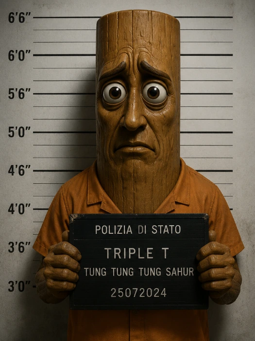 Tung Tung Tung Sahur holding a Polizia di Stato mug shot board