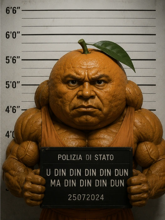 U Din Din Din Din Dun Ma Din Din Din Dun holding a Polizia di Stato mug shot board